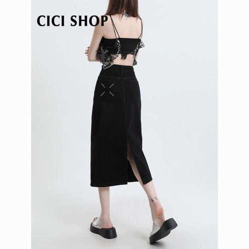 cicishop后开叉牛仔半身裙女中长款夏高腰显瘦大码百搭遮胯长裙子