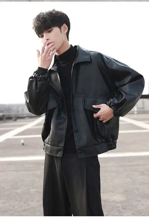 nukm春秋季外套韩版潮流宽松皮衣男短款机车服青年学生飞行员皮夹克