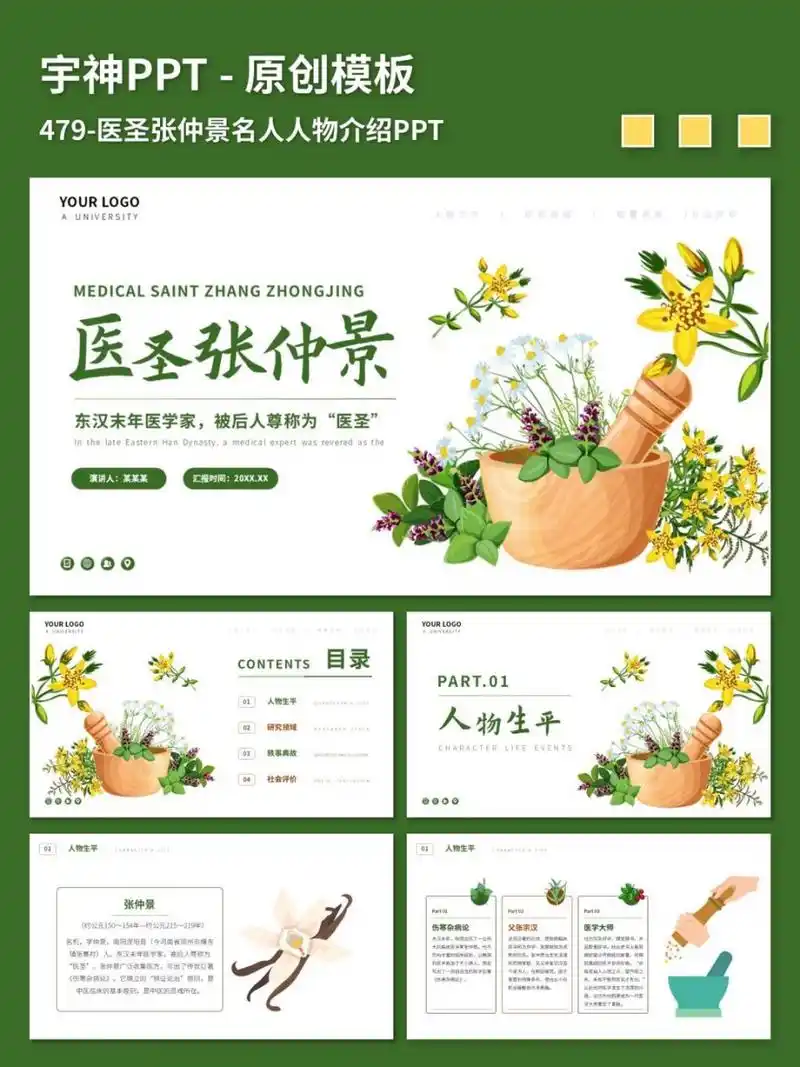 医圣张仲景名人人物介绍ppt 原创ppt模板,插画风图文