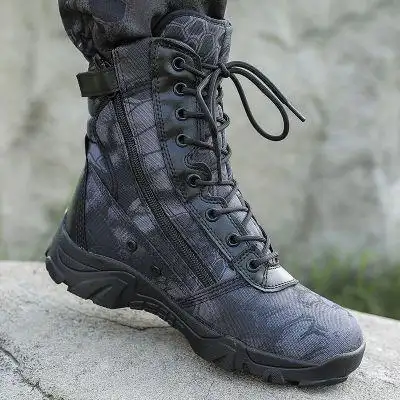黑色蟒纹靴37码户外秋冬蟒纹迷彩军靴男作战靴高帮战术靴防滑耐磨透气