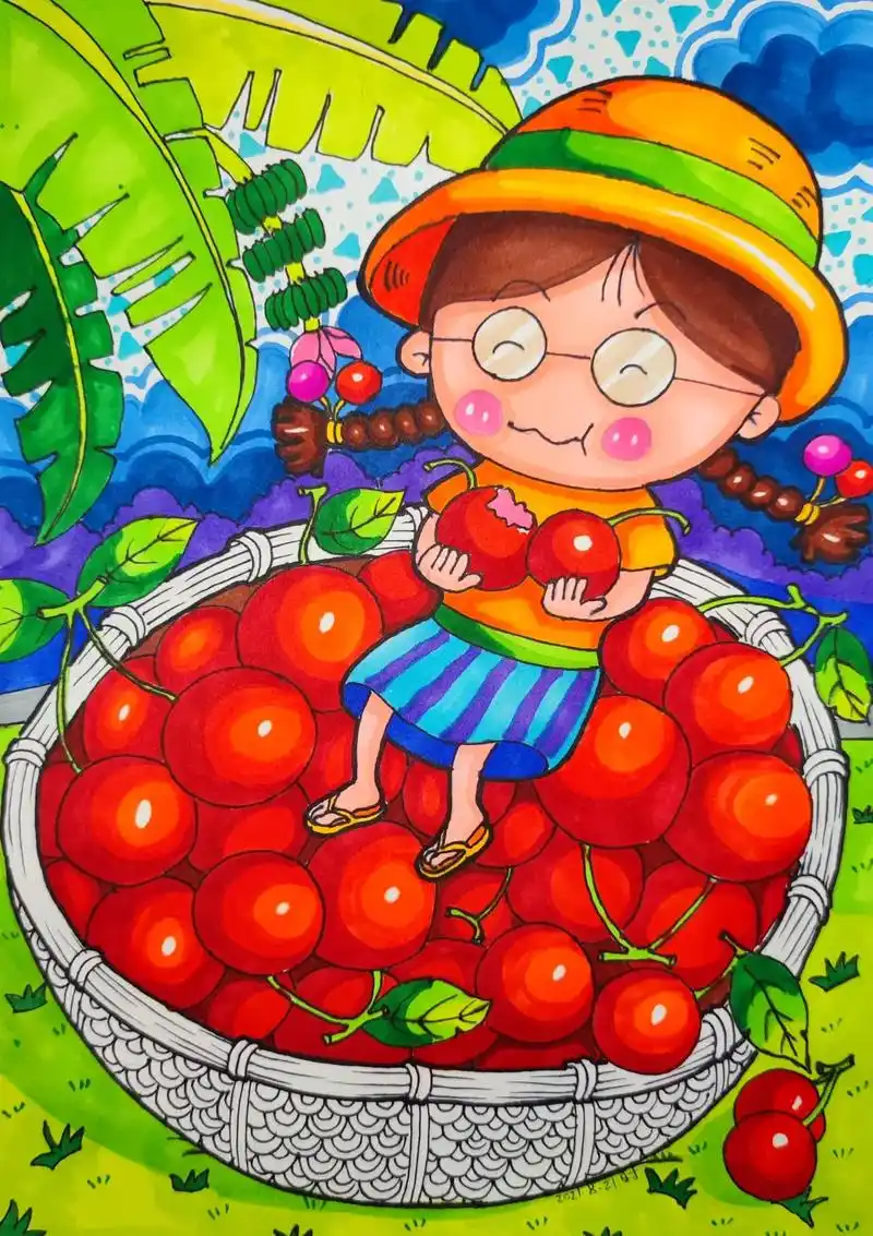 7-8岁创意美术《红了樱桃--绿了芭蕉》原创马克笔儿童画(原 - 抖音