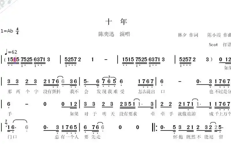 【怀旧经典歌曲】十年--陈奕迅演唱--动态简谱