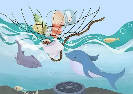手绘插画海洋污染打捞垃圾致死的海鱼场景