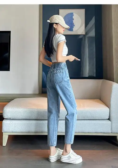 实拍 夏季新款时尚破洞牛仔裤女夏季新款松紧腰显瘦高腰老爹裤… - 17