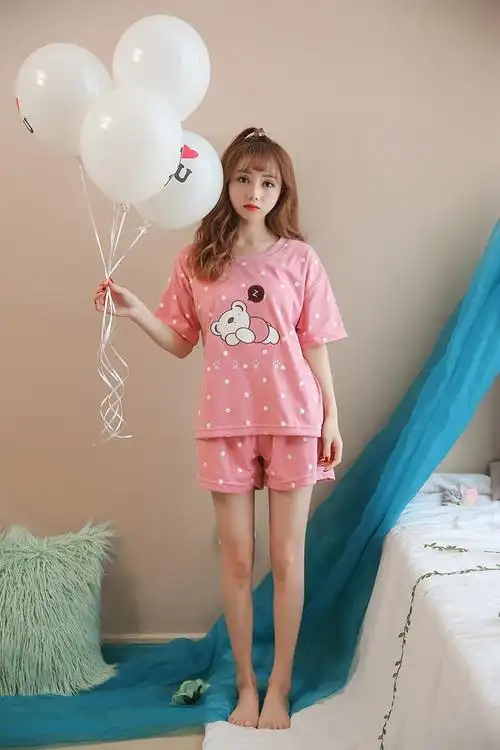 睡衣女夏季纯棉质短袖短裤两件套装春夏天韩版可爱卡通甜美休闲运动