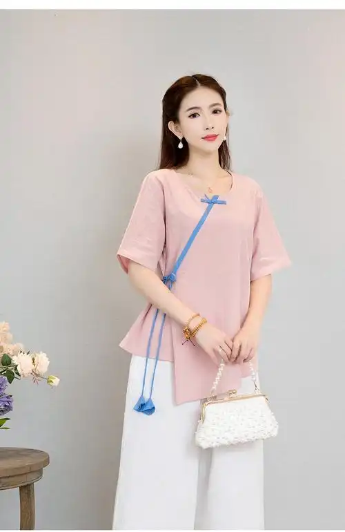 澳利西民国风复古女装夏季唐装上衣女棉麻禅意套装中国风汉服两件套茶