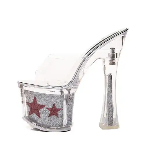 恨天高银色婚鞋粗跟防水台模特夜店演出鞋18cm/20公分超高跟凉鞋