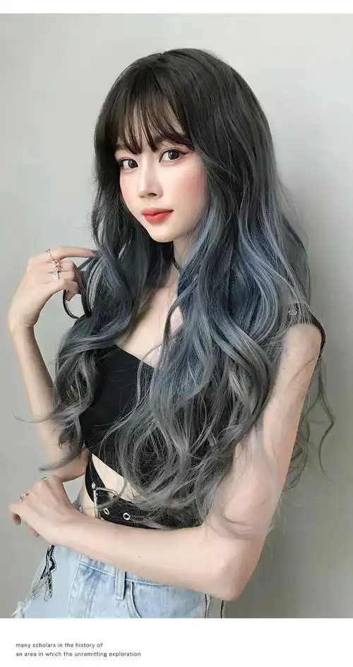 跨境爆款假发女长发大波浪渐变蓝灰色全头套网红流行整顶发套批发