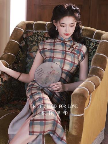 【【花样年华旗袍】春夏季长款新中式格子2024民国改良少女连衣裙