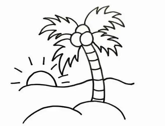 椰树海滩海浪蓝天白云简笔画
