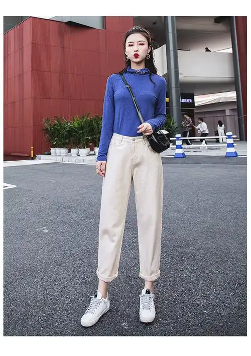 2019夏季米色休闲裤女宽松九分裤韩版高腰直筒哈伦裤