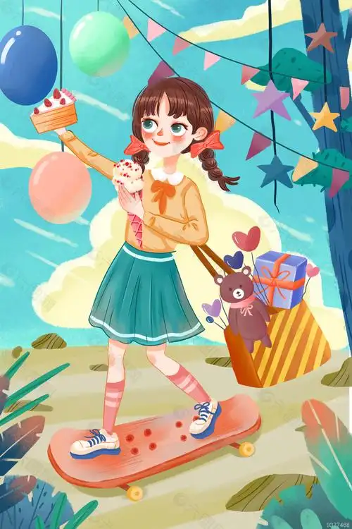 手绘滑板女孩六一儿童节海报素材