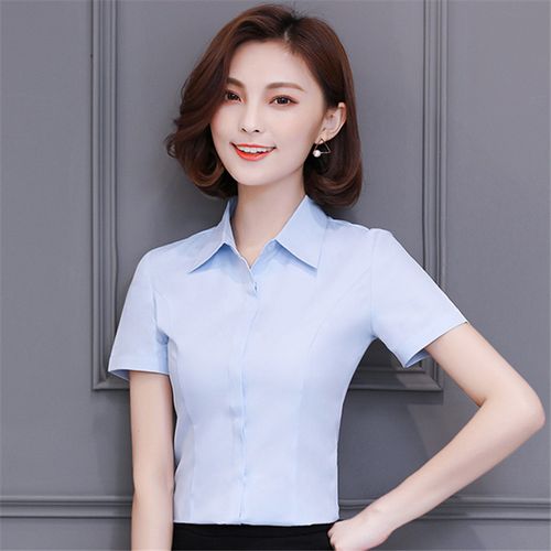 富贵鸟浅蓝色衬衫女短袖2021年夏季修身ol职业衬衫工作服防爆光方领