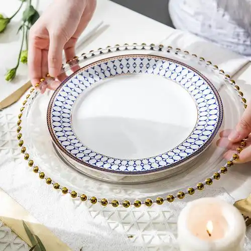 摩登主妇欧式珠点金边玻璃盘西餐盘牛排盘家用沙拉盘菜盘盘子