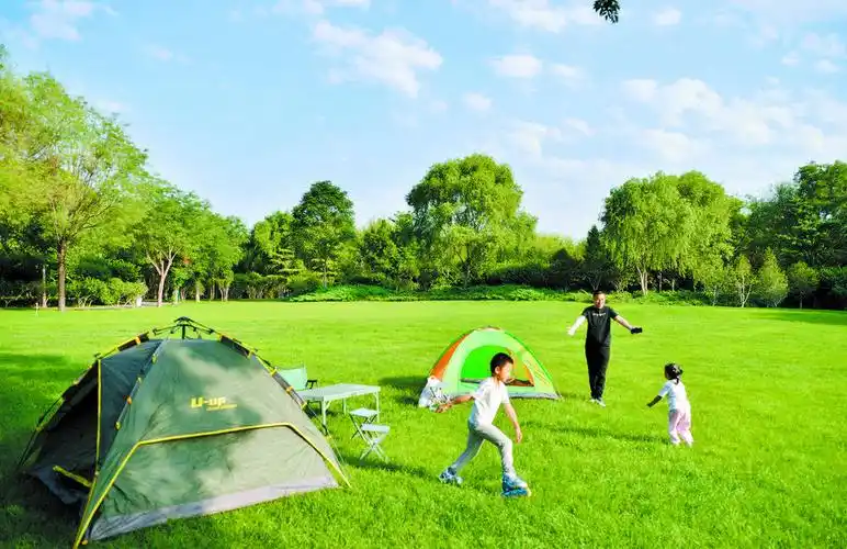 6月3日,在石津灌渠文化公园,小朋友和家长在草坪上一起搭建好帐篷后