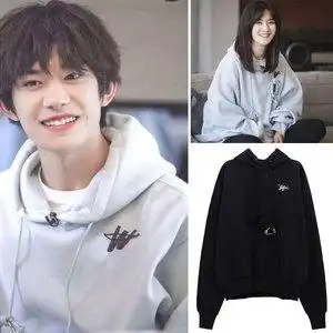 仓石一树易烊千玺同款灰色连帽卫衣潮牌字母刺绣宽松情侣款外套男