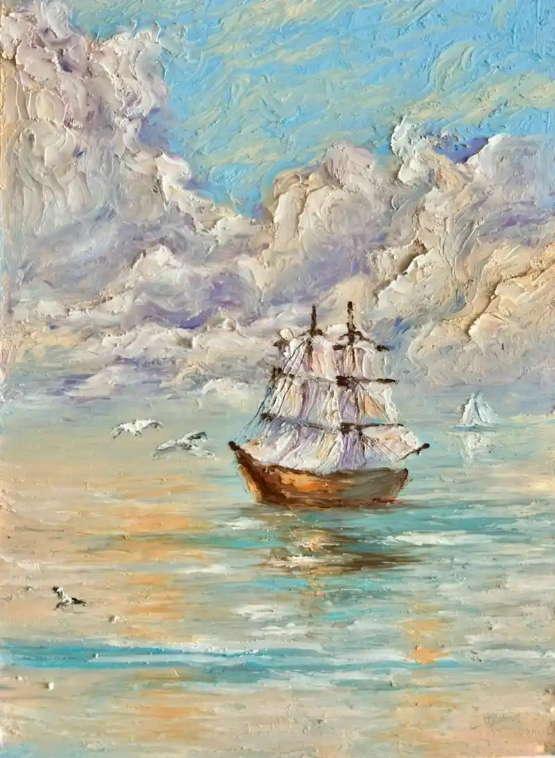 原创油画棒画/教程/《船》(十四) 一帆风顺的船快拿出油画棒一起画吧!