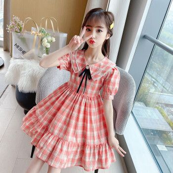 十岁小女孩棉质公主裙子12今年流行小孩子穿的甜美可爱粉色格子120cm