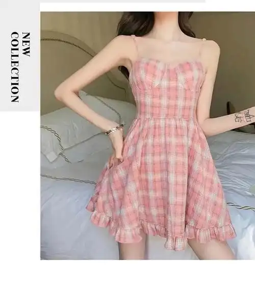 新款夏季甜美粉色格子吊带连衣裙女夏小清新学生裙子韩版少女 - 17网