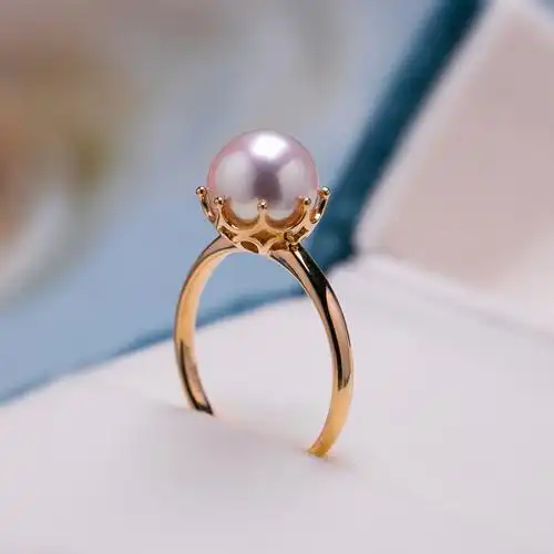 皇冠款天然小akoya海水珍珠戒指女18k黄金彩金小众设计时尚