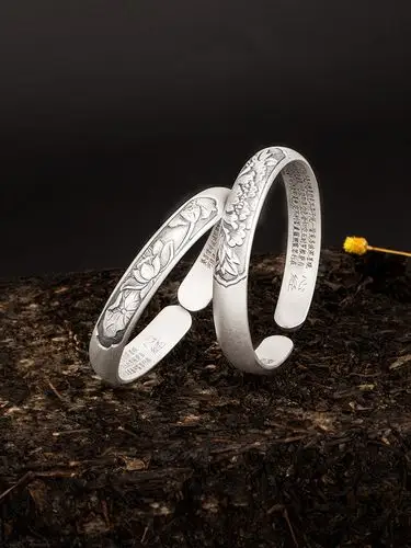 手镯古法纯银云南手工雪花银复古风莲花心经手镯