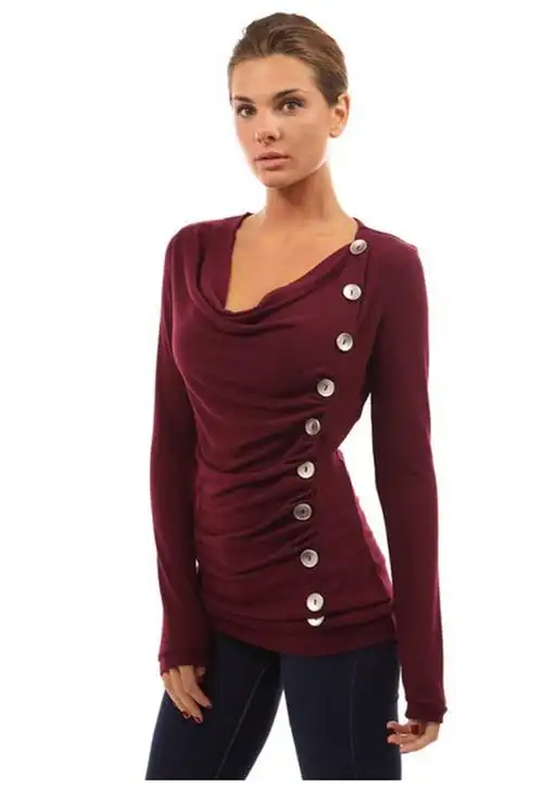 亚马逊热销爆款 欧美外贸女装纽扣纯色长袖t恤_丙花服饰_义乌购