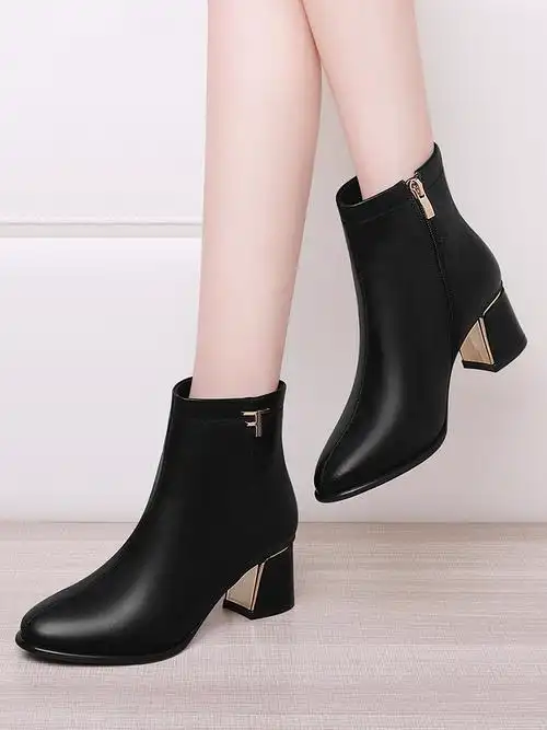 靴子女2021秋冬新款真皮女鞋女靴加绒保暖高跟鞋粗跟鞋冬天鞋