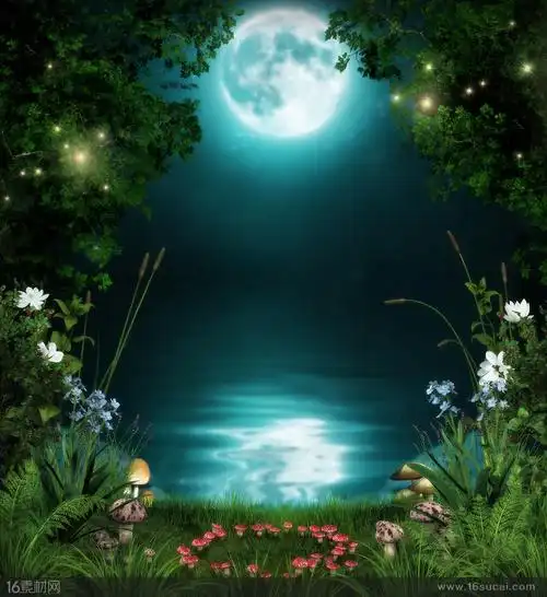 夜晚的月亮和草地上盛开的花朵高清图片