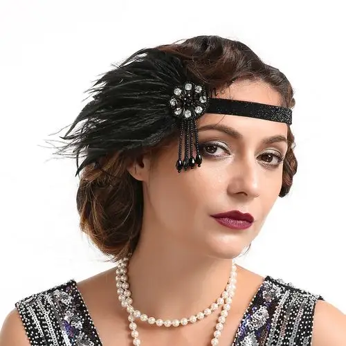 欧美复古flapper舞会头饰黑白羽毛时尚民族风系珍珠流苏垂吊发带