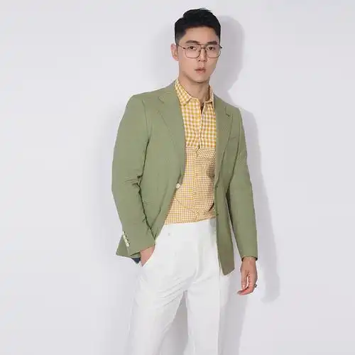 川泽男士宽领西服外套草绿色韩版春季修身格子单排扣青年精致西装