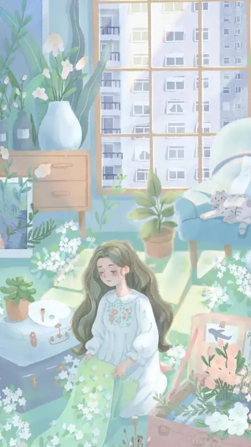 小清新可爱女孩甜美手绘插画,高清图片,手机壁纸