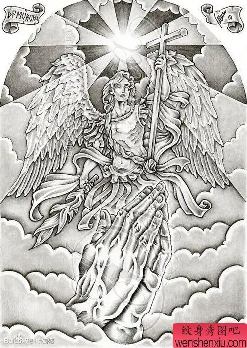 手臂流行流行的黑白天使纹身手稿