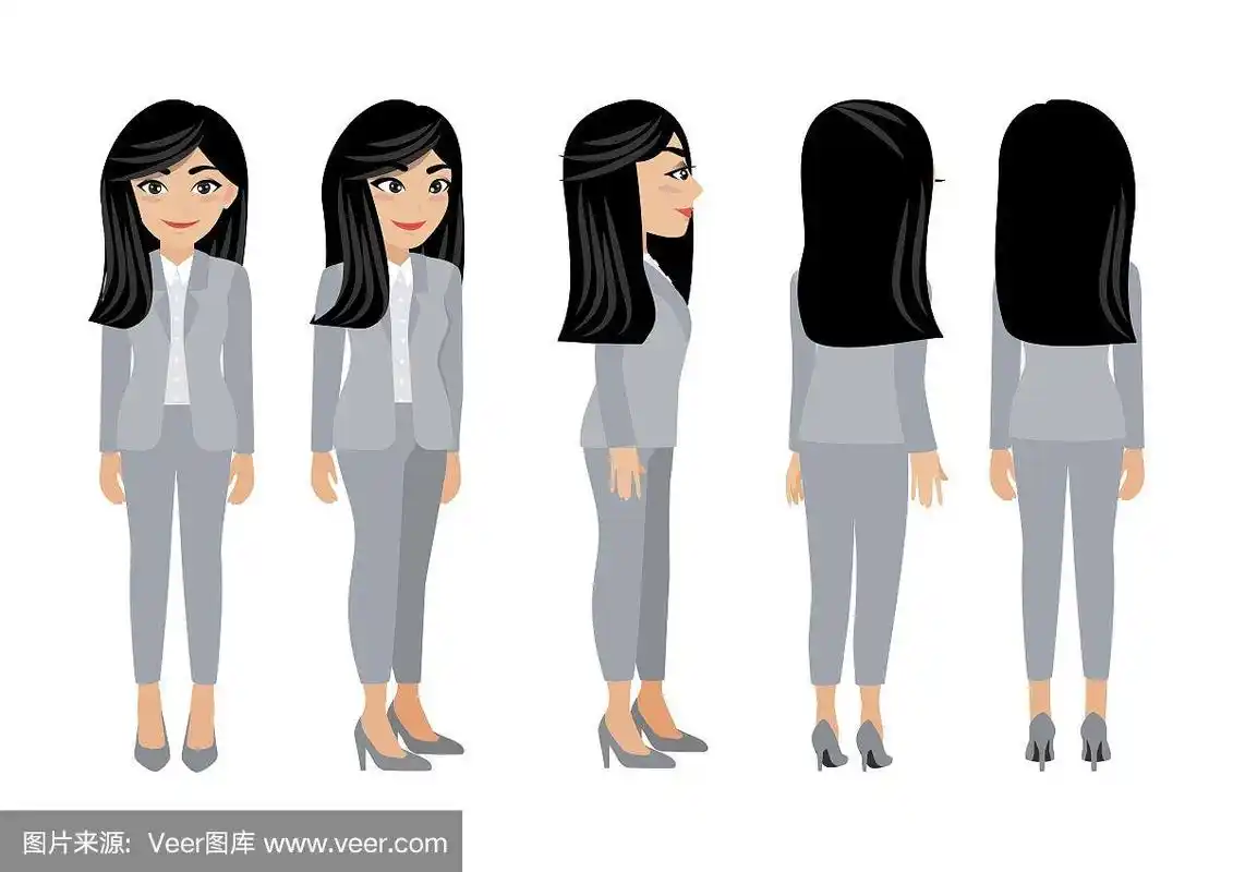 卡通人物与商业女性.正面,侧面,背面,3-4视图动画角色.平面向量插图.