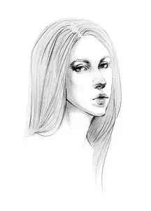 一个年轻漂亮的女孩的肖像素描,长直发,可爱的女孩铅笔画.照片