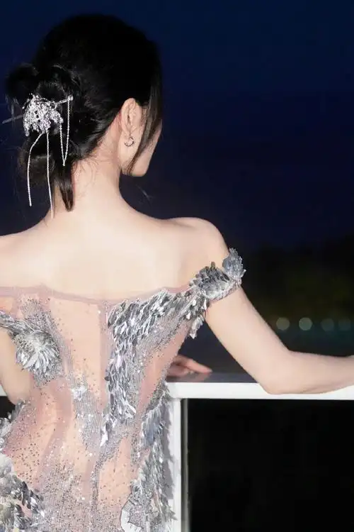 穿着rahul mishra高定礼服,精美的珠片薄纱,银色的刺绣装饰,刘诗诗的