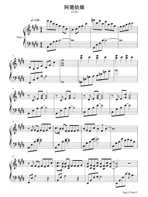梁凡阿楚姑娘钢琴谱