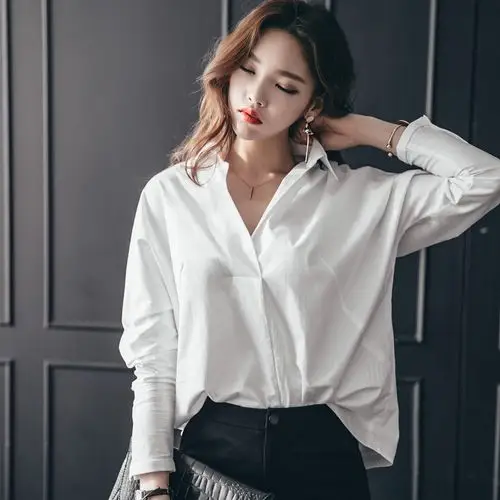 韩国百搭白衬衫女纯棉长袖韩版甜美白色清新韩范宽松v领白衬衣女
