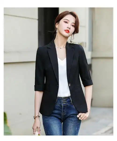 黑色西装外套女薄款气质修身夏季韩版七分袖休闲小个子短款小西服黑色