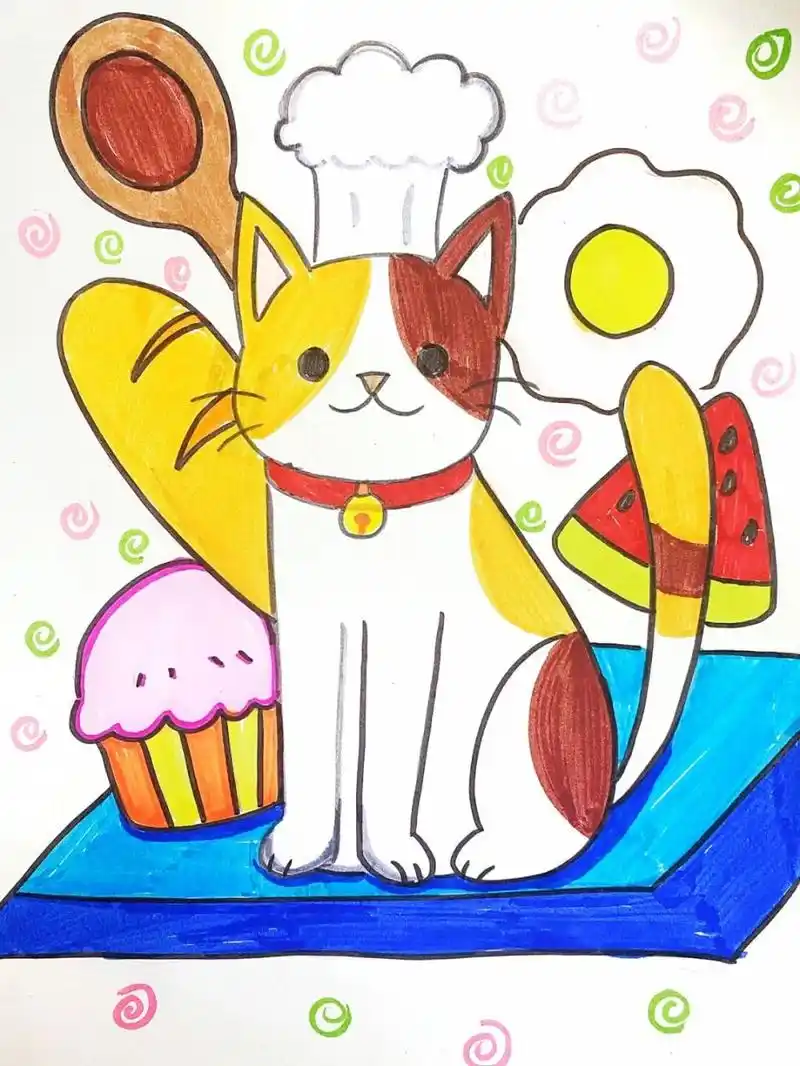 猫咪儿童画 #卡通画# #马克笔# #儿童画# #猫咪儿童画# #猫咪卡通画