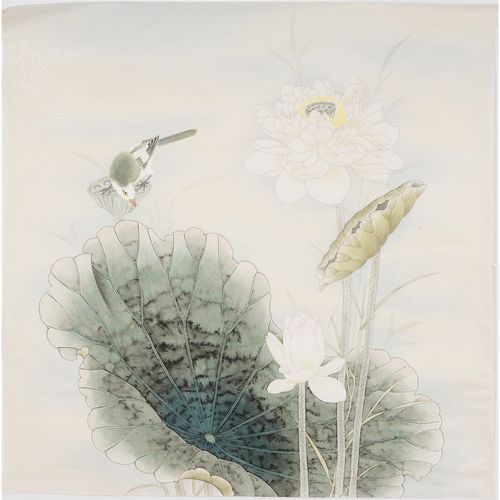 四尺斗方荷花小鸟工笔画国画 纯手绘 没提款 无款画手工书画04746