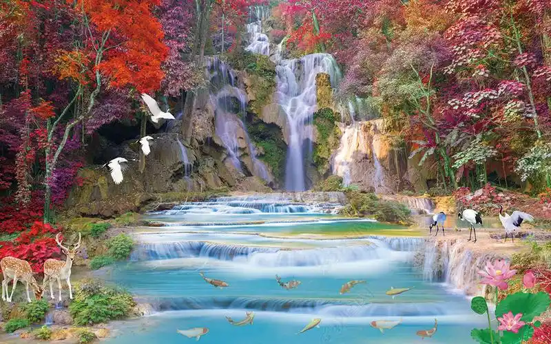 原创风景山水流水生财九鱼图版权可商用