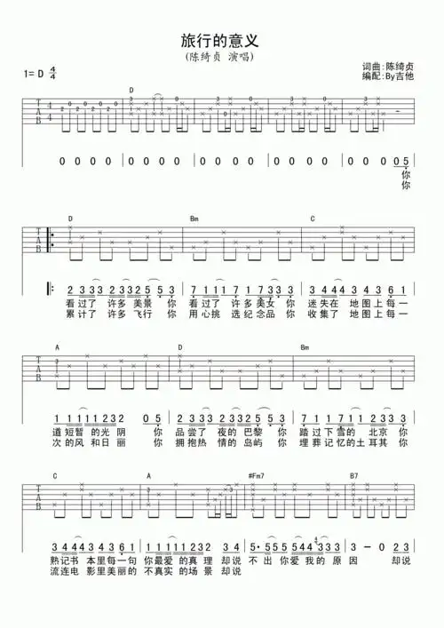 陈绮贞旅行的意义吉他谱【d调高清版】