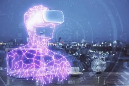 ar人工智能桌面上有ar主题图标的计算机.多重曝光.增强现实的概念.