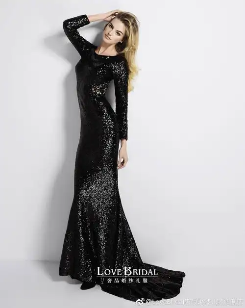 宴会晚礼服2021新款黑色亮片长袖优雅长款成人礼服