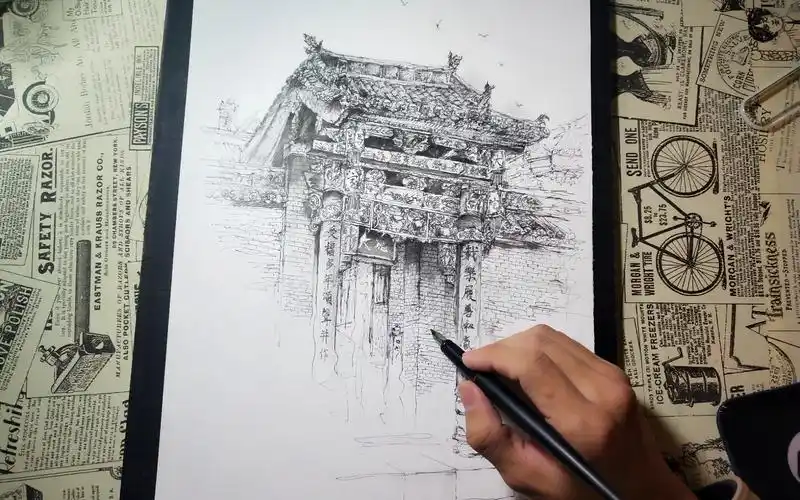 钢笔速写中国古建筑手绘