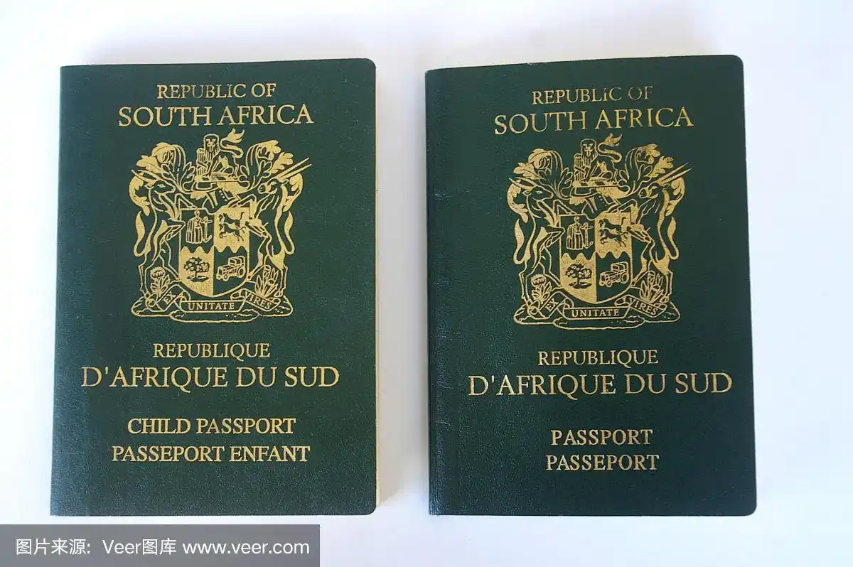 两本南非护照,一名儿童和一名成人