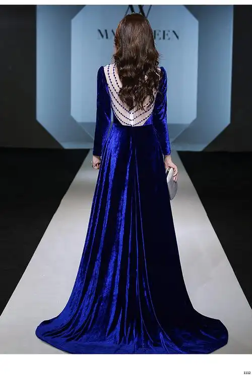蓝色晚礼服裙女2021新款秋冬季宴会主持艺考名媛聚会气质年会礼服