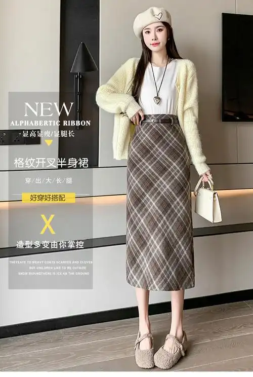 实拍~格子毛呢半身裙女秋冬新款高腰显瘦a字裙直筒开叉格纹中长