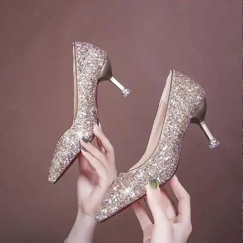 高跟鞋女宴会中跟新娘婚鞋婚纱细跟色水晶鞋婚礼伴娘鞋子齐间色高6cm