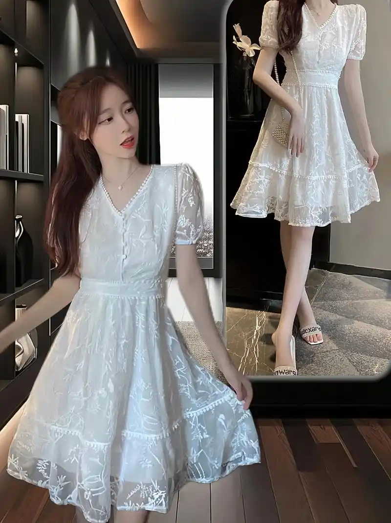 女裙雪纺绣花连衣裙女新款夏季白色